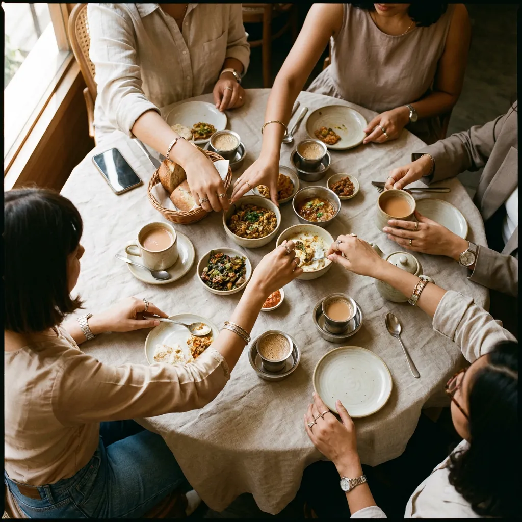 From above: women passing bowls and cups of chai across a linen-covered table