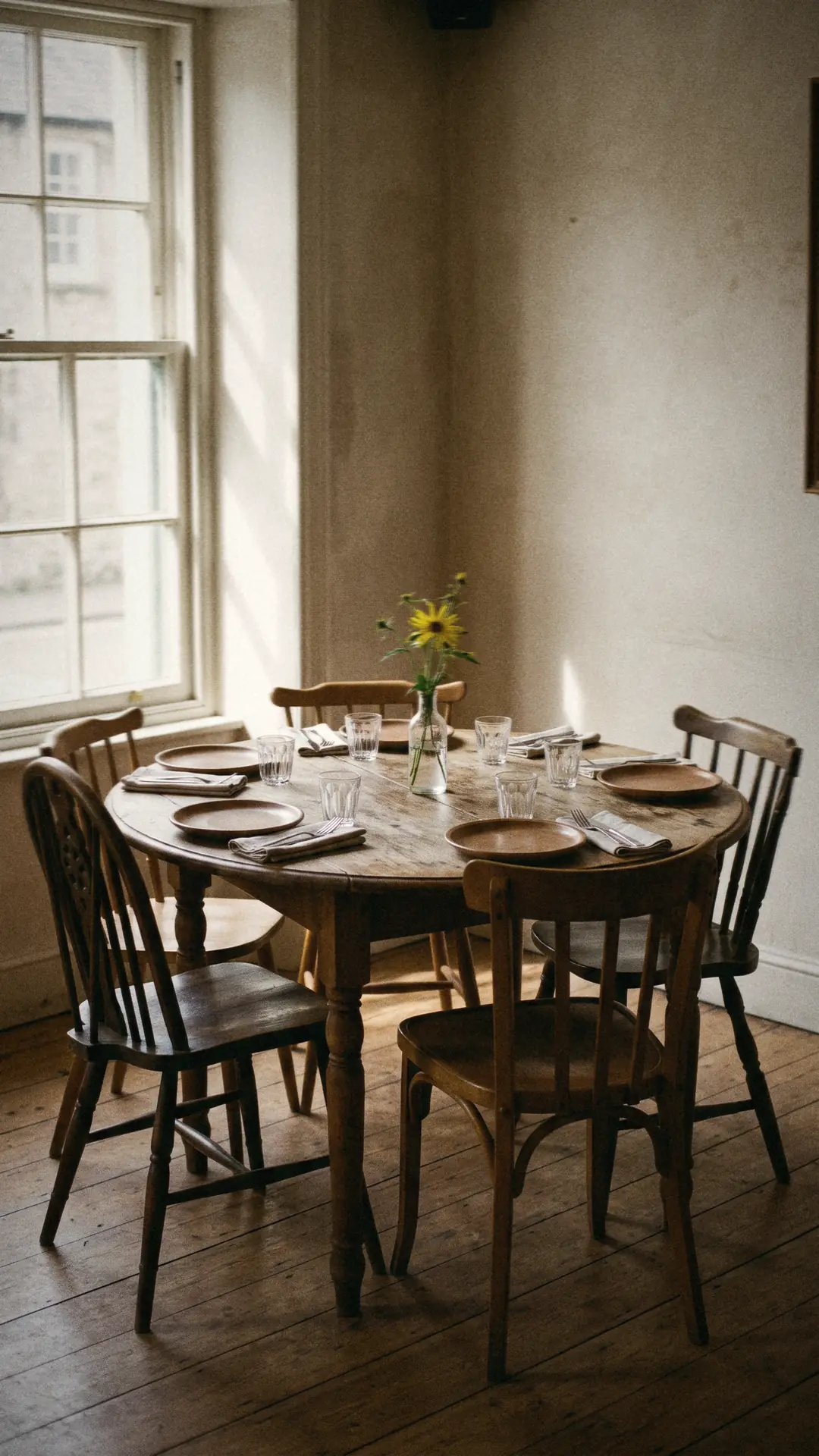 A round table laid for six beside a tall sunlit window, one chair pulled out, nobody there yet