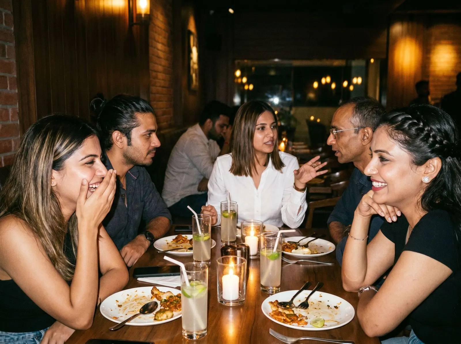A long chef's-table dinner at a dim supper club