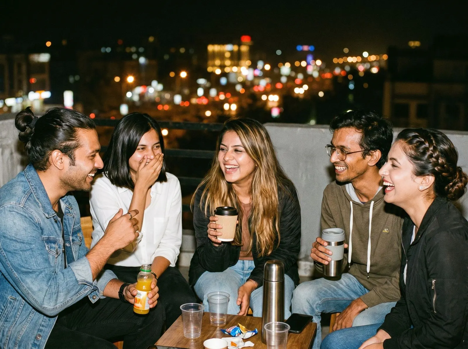 Friends mid-laugh at a rooftop